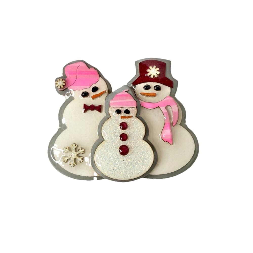 Vtg Lucinda 3 Snowmen Pin Glitter with Pink Hats & Scarf Christmas Brooch Triple